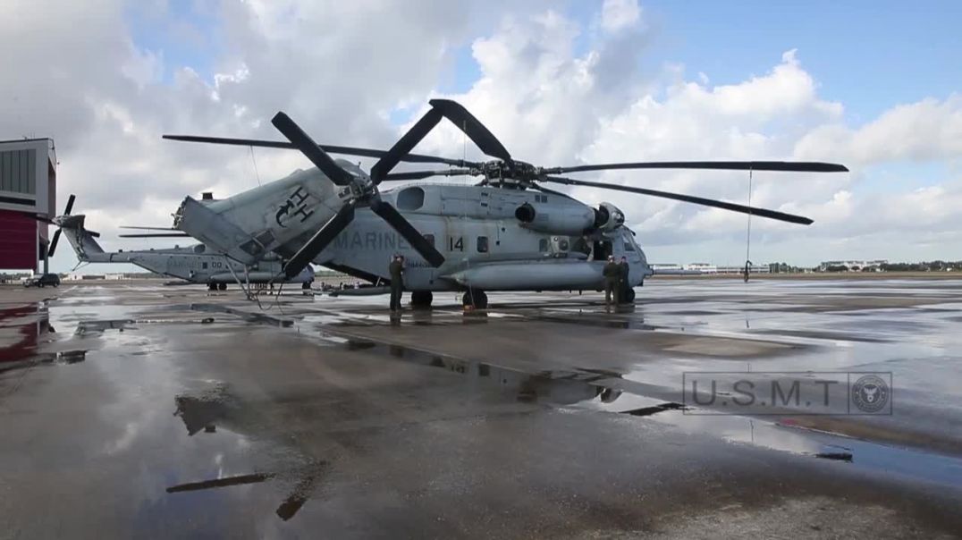 America Military Helicopter Marines CH-53E Preparing Take-off While Participating in Ex