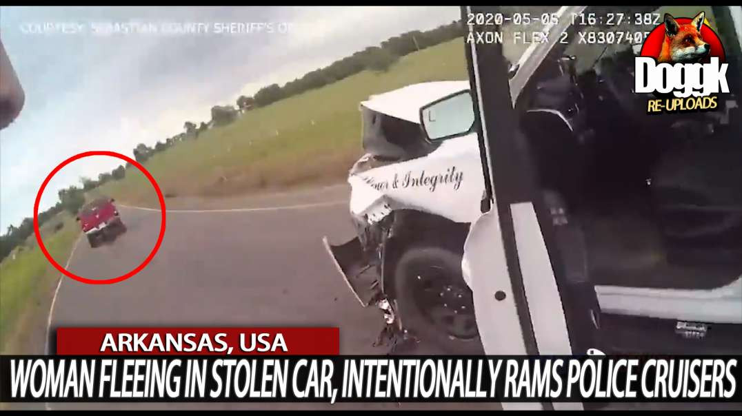 WOMAN FLEEING IN STOLEN CAR, INTENTIONALLY RAMS POLICE CRUISERS.. (ARKANSAS, USA)