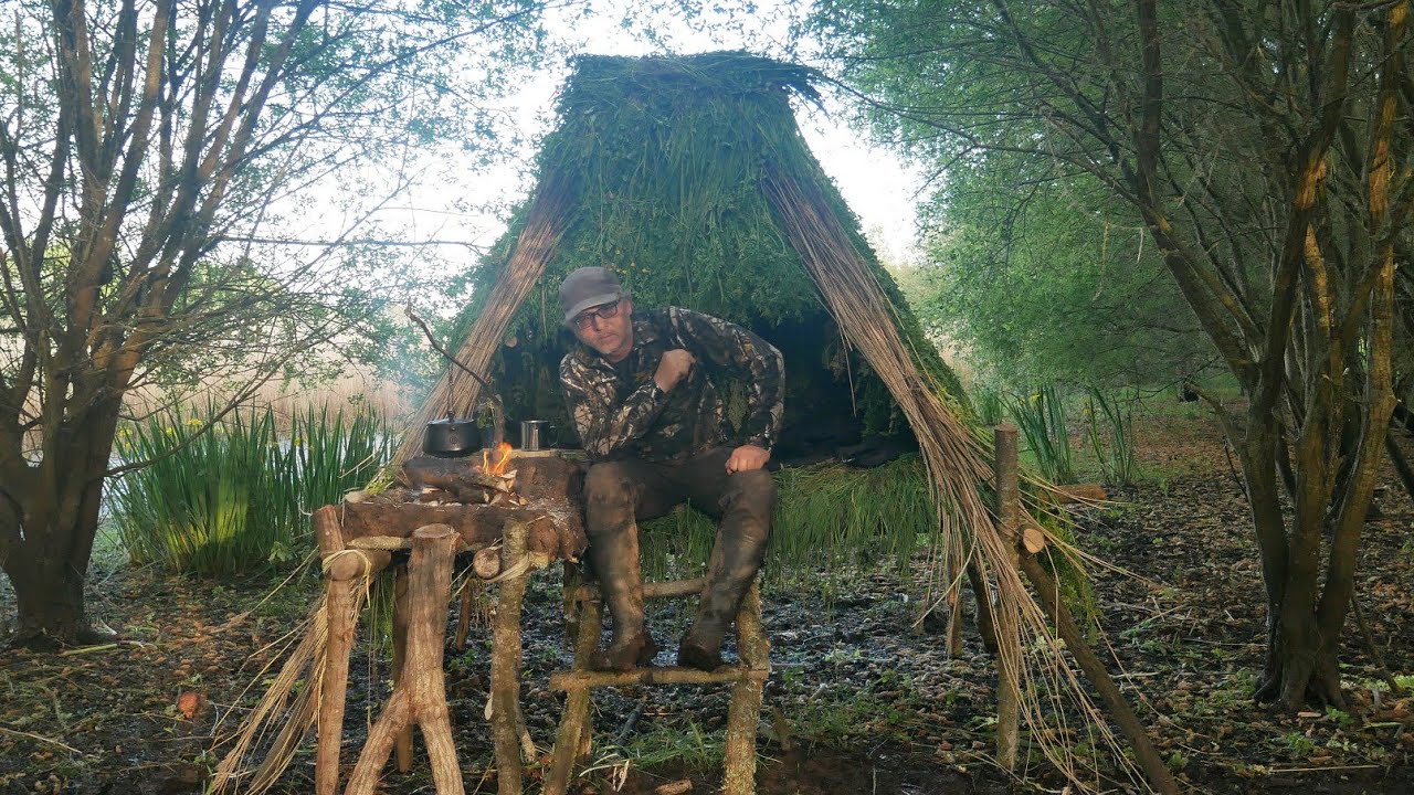 Solo overnight building a Teepee Shelter with feet | Bushcraft Flooded areas