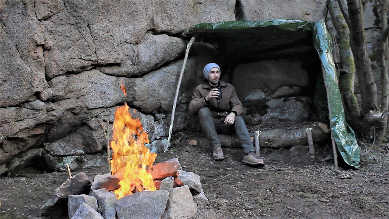 Bushcraft Camp Under a Rock, Overnight in a Tarp Shelter