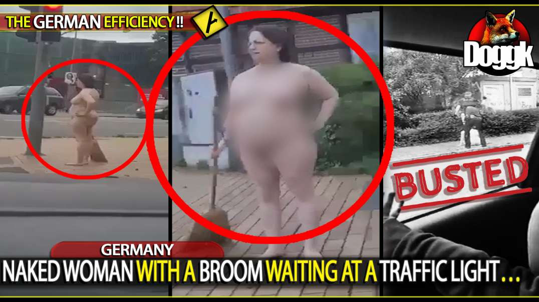 NAKED WOMAN WITH A BROOM WAITING AT A TRAFFIC LIGHT.. (GERMANY)