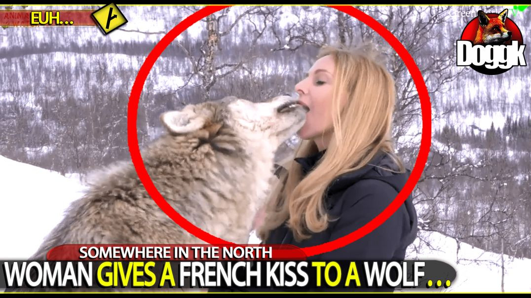 WOMAN GIVES A " FRENCH KISS " TO A WOLF.. (SOMEWHERE IN THE NORTH)