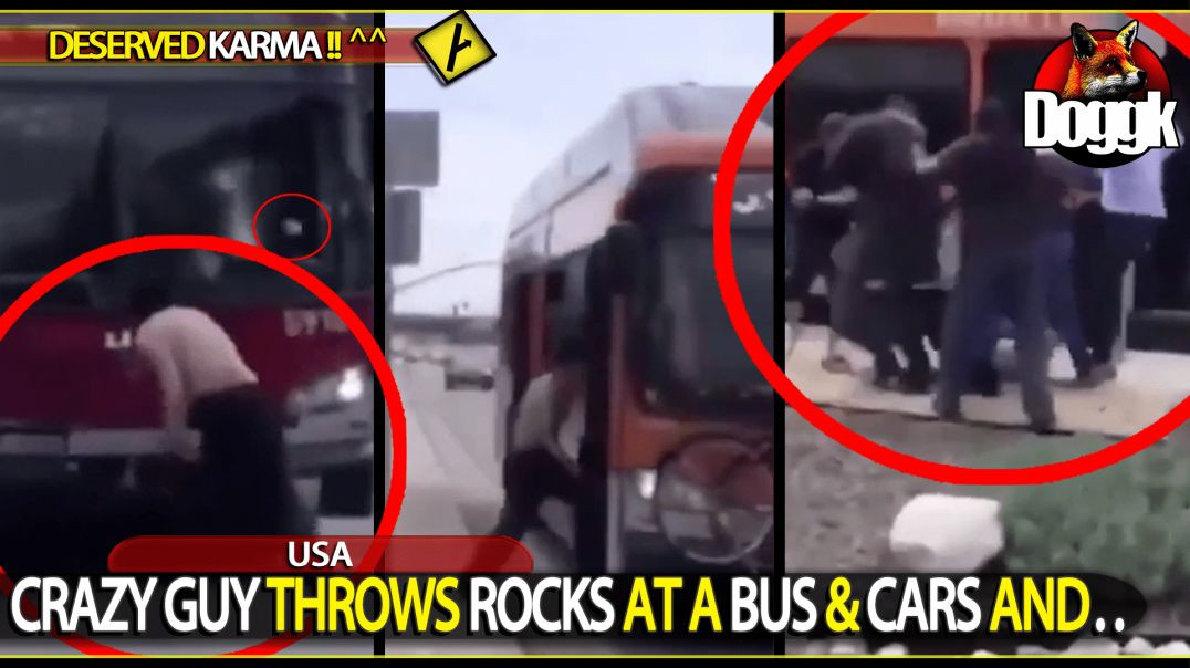 CRAZY GUY THROWS ROCKS AT A BUS & CARS AND.. (USA)