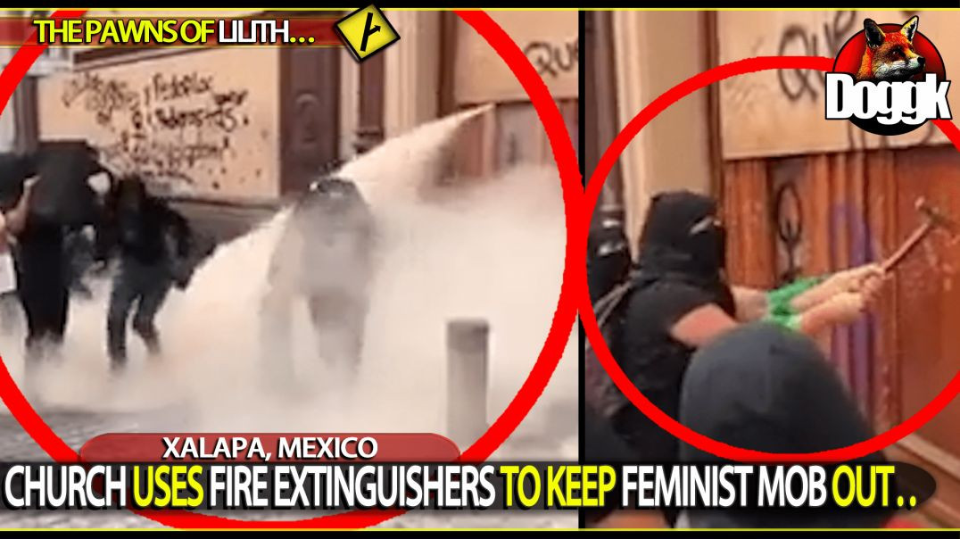 CHURCH USES FIRE EXTINGUISHERS TO KEEP FEMINIST MOB OUT.. (XALAPA, MEXICO)