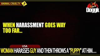 WOMAN HARASSES GUY AND THEN THROWS A "PUPPY" AT HIM.. (USA)