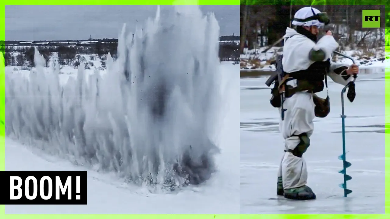 Russian Army Sappers Blow Up River Ice During Emergency Drills