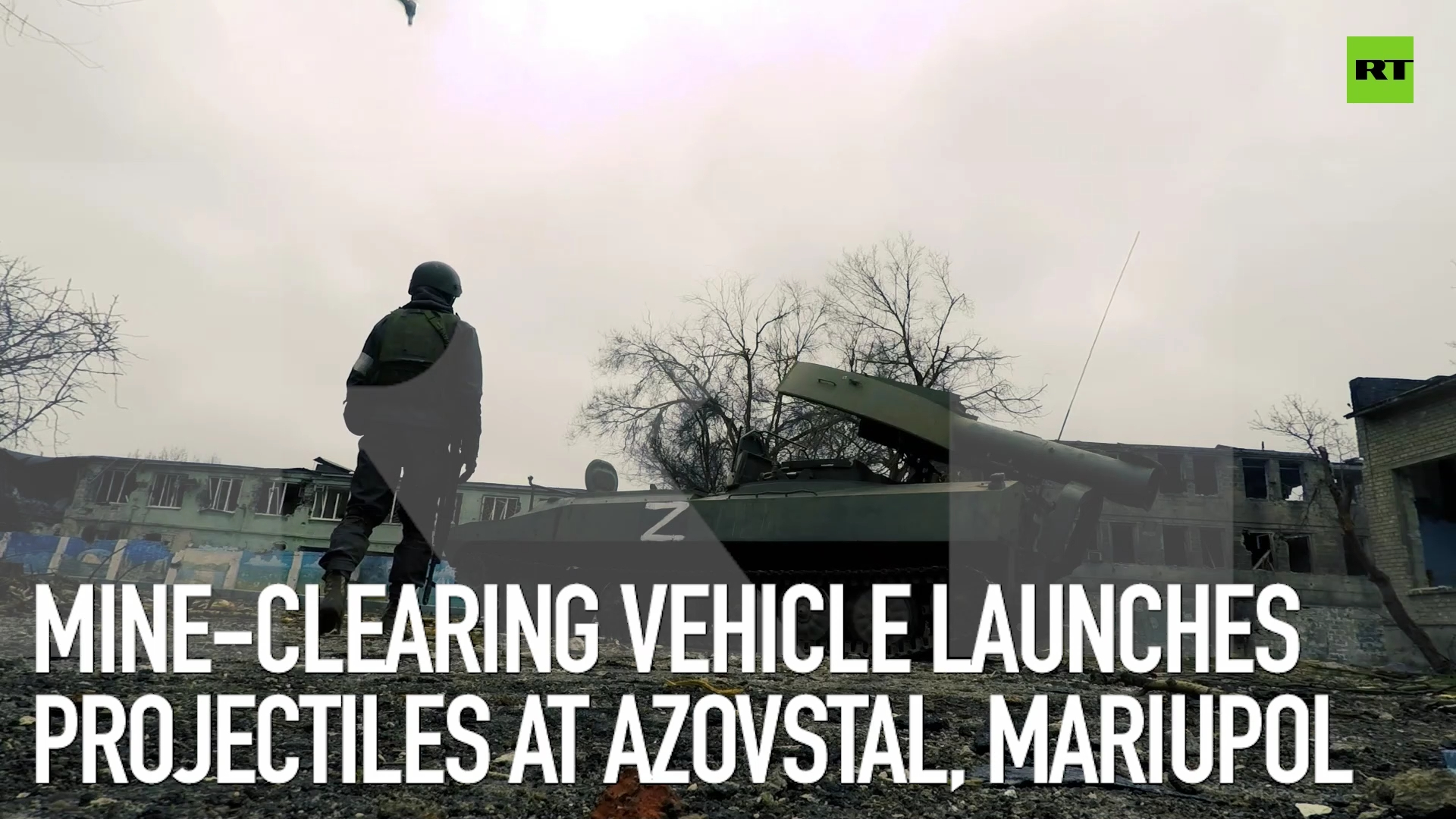 Mine-clearing vehicle launches projectiles at Azovstal, Mariupol