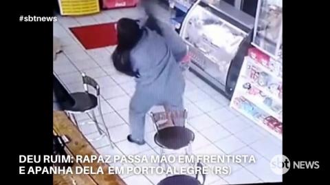 Rapaz passa mão em frentista e apanha dela em Porto Alegre(1080P_HD)