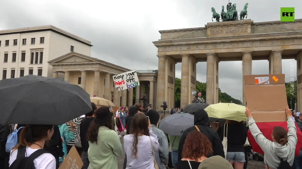 Women’s rights activists decry US abortion ban in Berlin