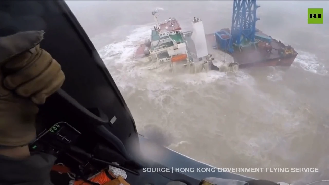 Hong Kong rescuers save sailors from sinking ship as Typhoon Chaba rages