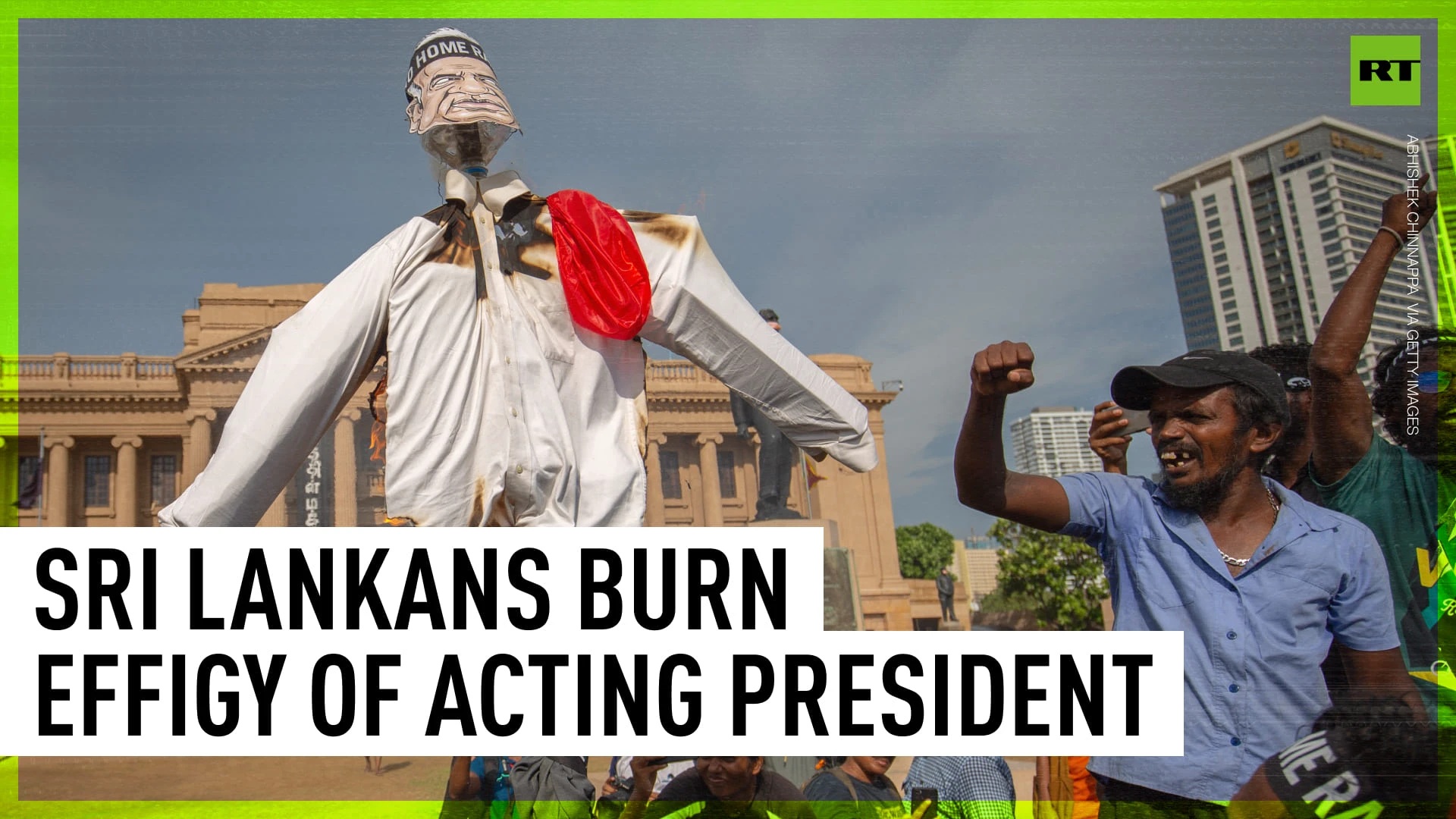 Sri Lankan protesters burn effigy of acting president