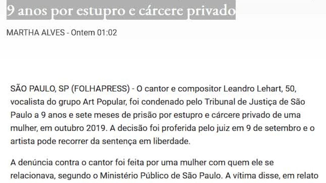 Cantor do ARTE POPULAR acusado de ESTUPRO e CÁRCERE PRIVADO