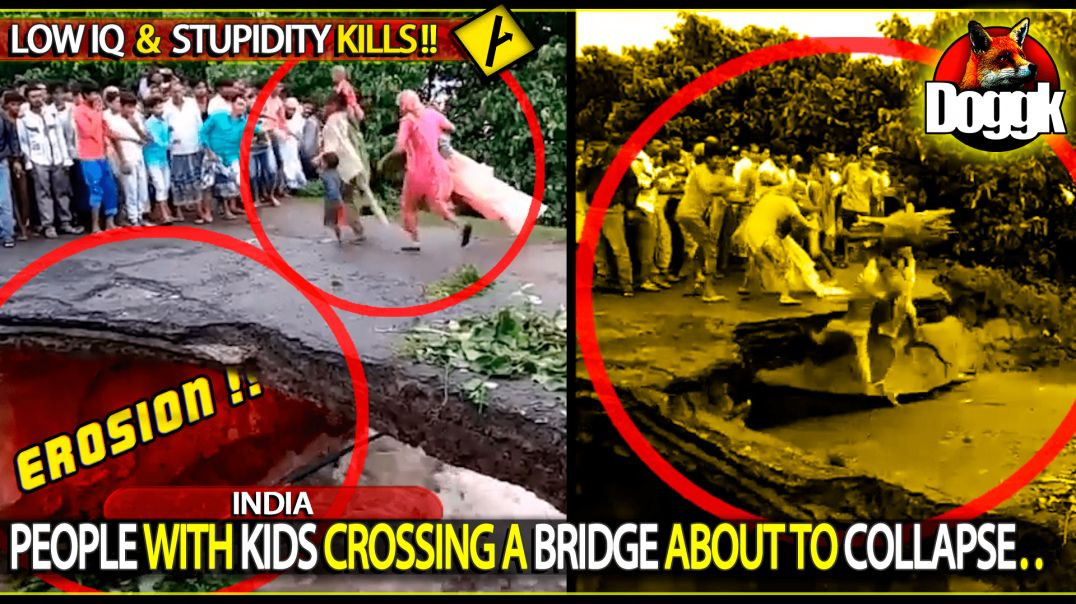 PEOPLE WITH KIDS CROSSING A BRIDGE ABOUT TO COLLAPSE.. (INDIA)