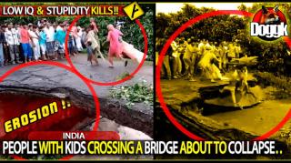PEOPLE WITH KIDS CROSSING A BRIDGE ABOUT TO COLLAPSE.. (INDIA)