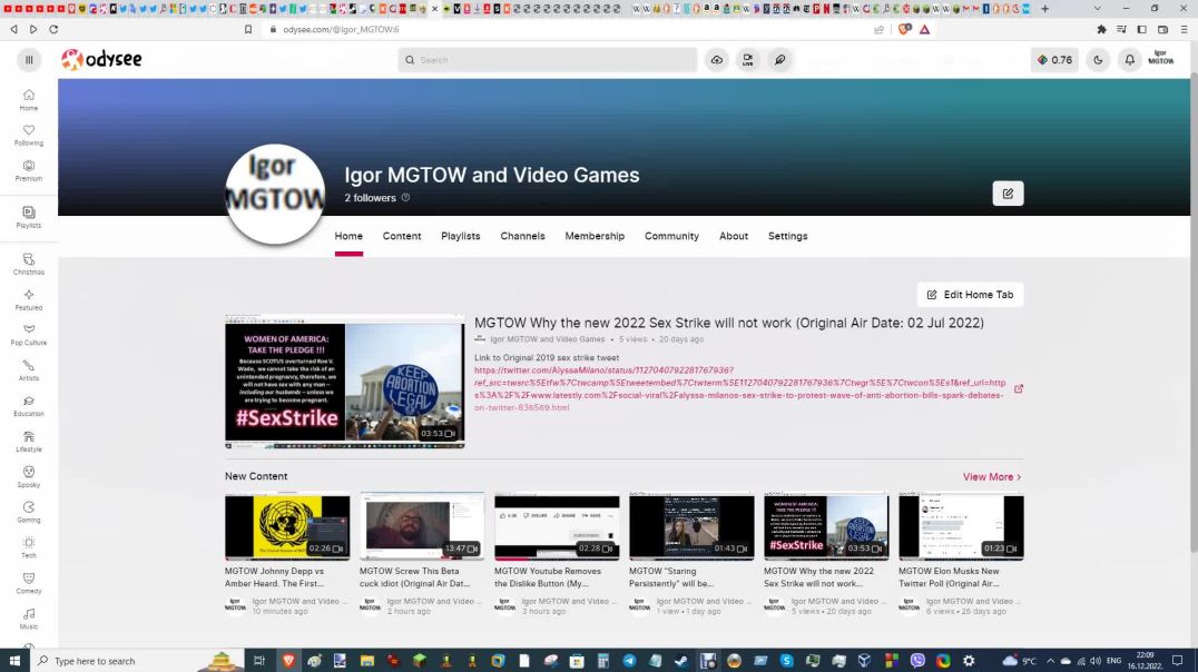 MGTOW Currently adding more videos to the Odysee channel.