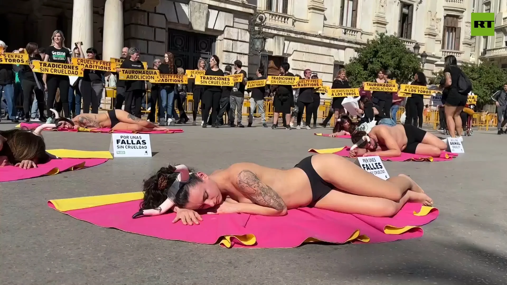 Naked animal rights activists protest bullfighting in Spain