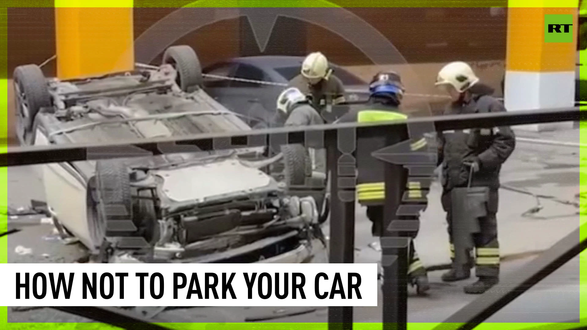 Car falls from the second story of Moscow parking lot