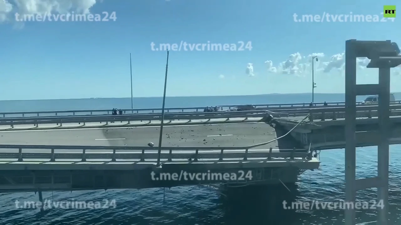 Deck of the Crimean Bridge damaged, pylons intact