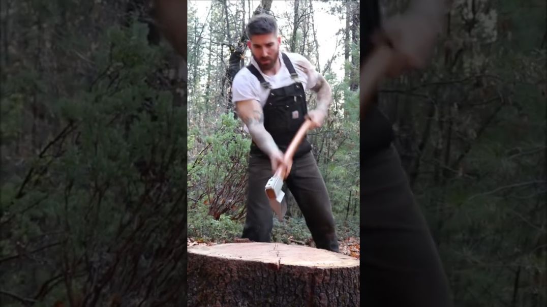 Wood chopping big fucking chunk