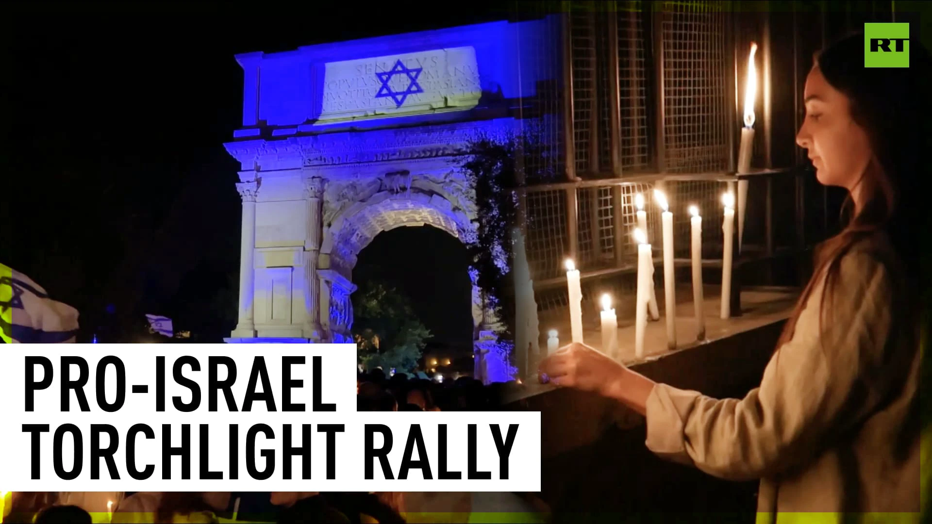 Protesters in Rome light torches in support of Israel