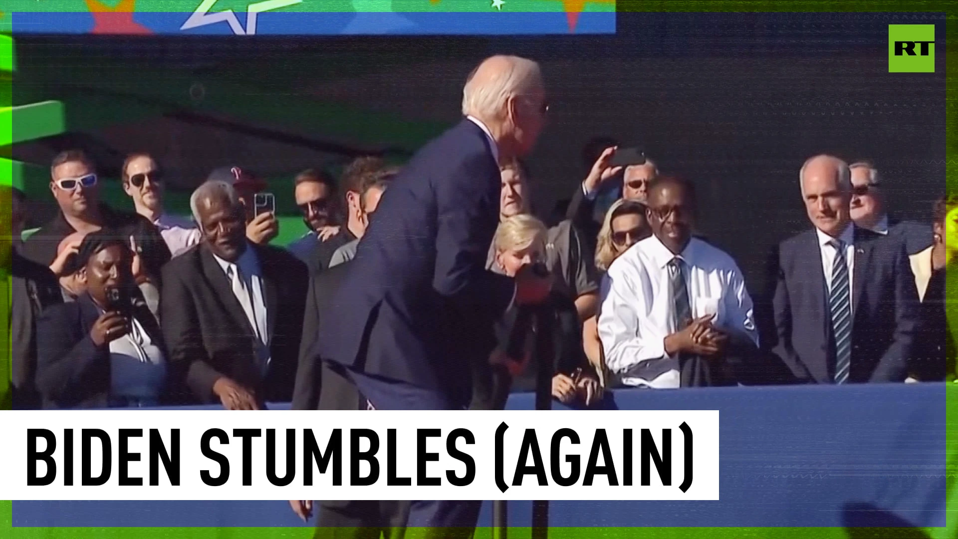 Biden trips on his way to podium in Philadelphia