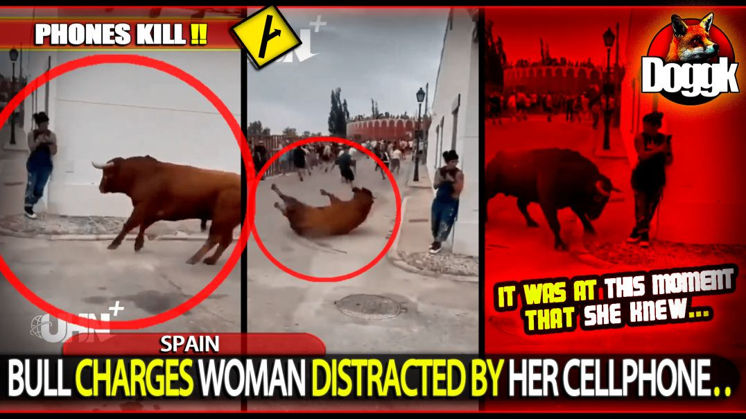 BULL CHARGES WOMAN DISTRACTED BY HER CELLPHONE.. (SPAIN)