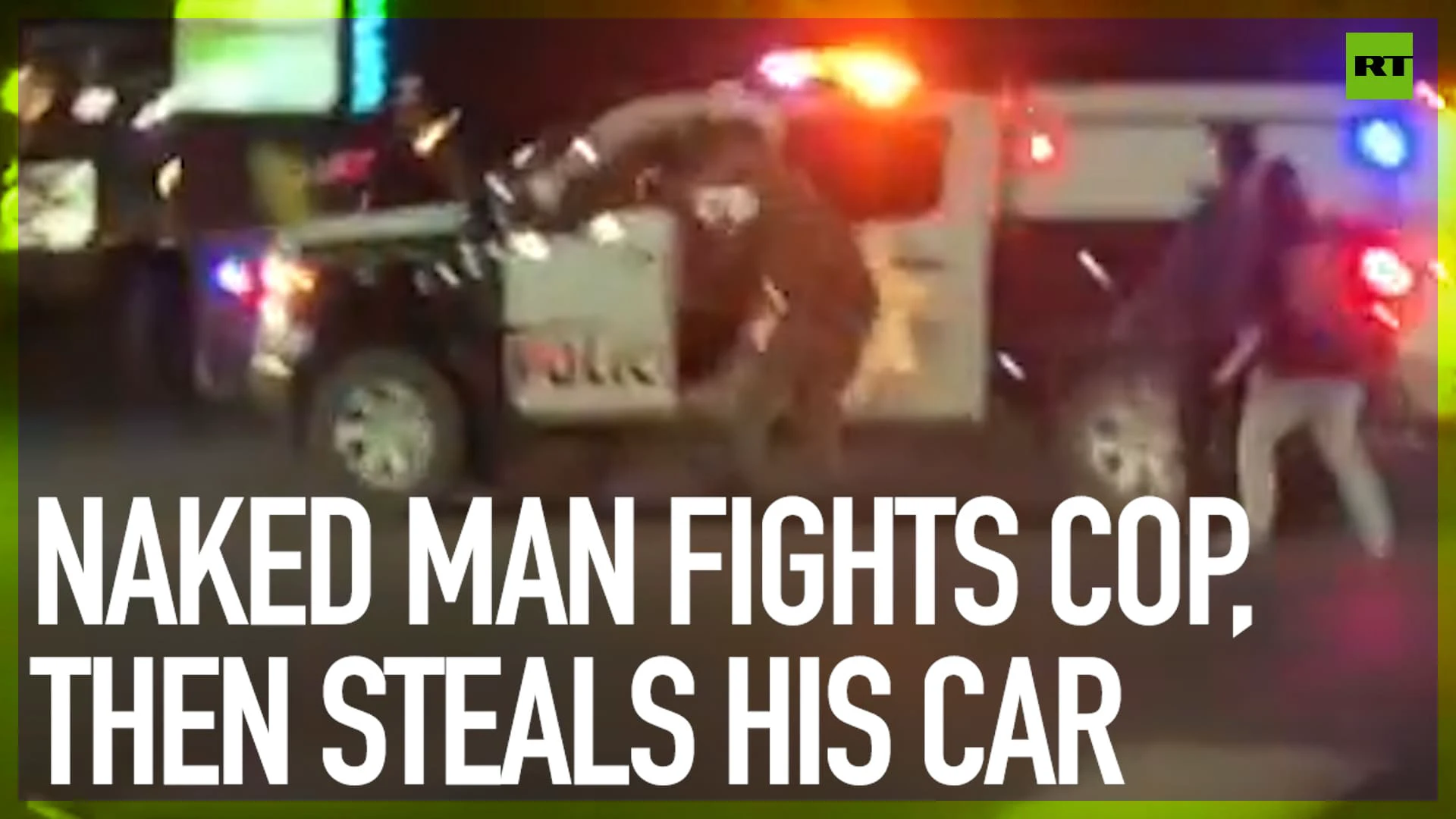 Naked man fights cop, then steals his car