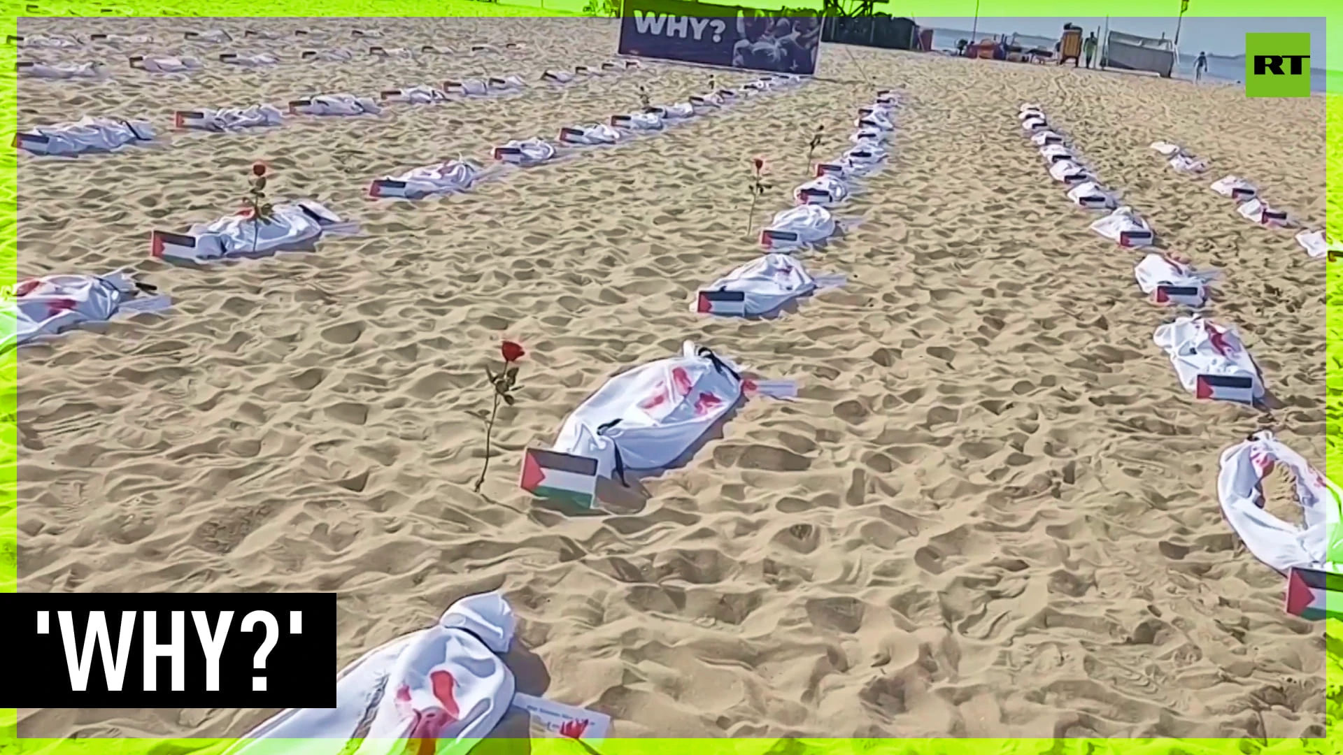 120 burial shrouds lay on Brazilian beach in tribute to children killed in Gaza