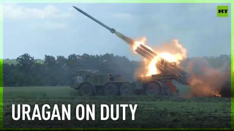 Uragan MLRS unit provides fire support to Russian troops