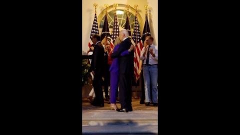 President Biden address his staff in the Rose Garden following his Oval Office remarks.