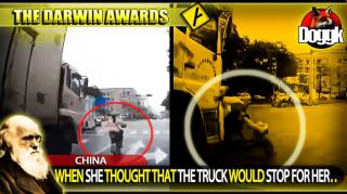DARWIN AWARDS : WHEN SHE THOUGHT THAT THE TRUCK WOULD STOP FOR HER.. (CHINA)