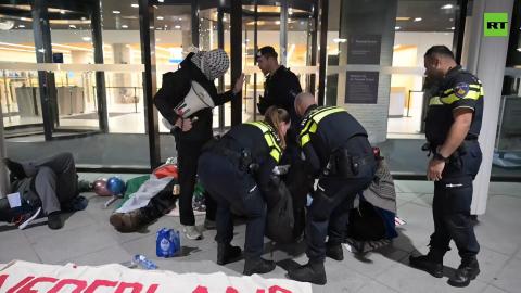Activists chain themselves to Dutch Parliament over Israeli arms deal