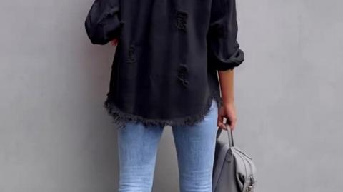 Trendy Distressed Black Denim Jacket for Women