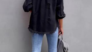 Trendy Distressed Black Denim Jacket for Women