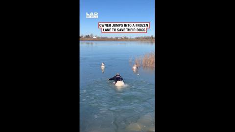 Man saves his dog from frozen lake - Useless Woman sits on Arse - Does Nothing