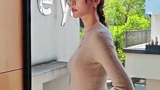 White Cable Knit V-Neck Sweater with Navy Blue Stripe Accents