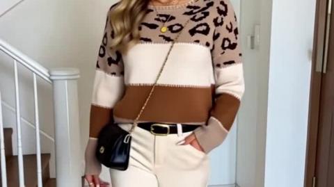Striped Jumper with Leopard Print, White, and Brown Color Blocking