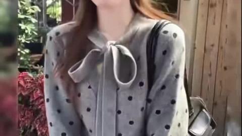 Classic Gray Polka-Dot Knit with Bow Tie Collar for an Elegant Everyday Look