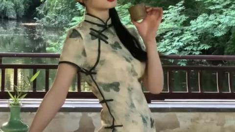 Fashionable Oriental Style Green Dress with Butterfly Print and Side Slit