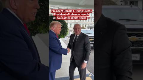 President Trump greets Lebanese President Joseph Auon before a bilateral meeting at the White House