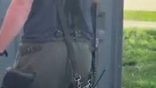 Nigger climbs into a porta potty